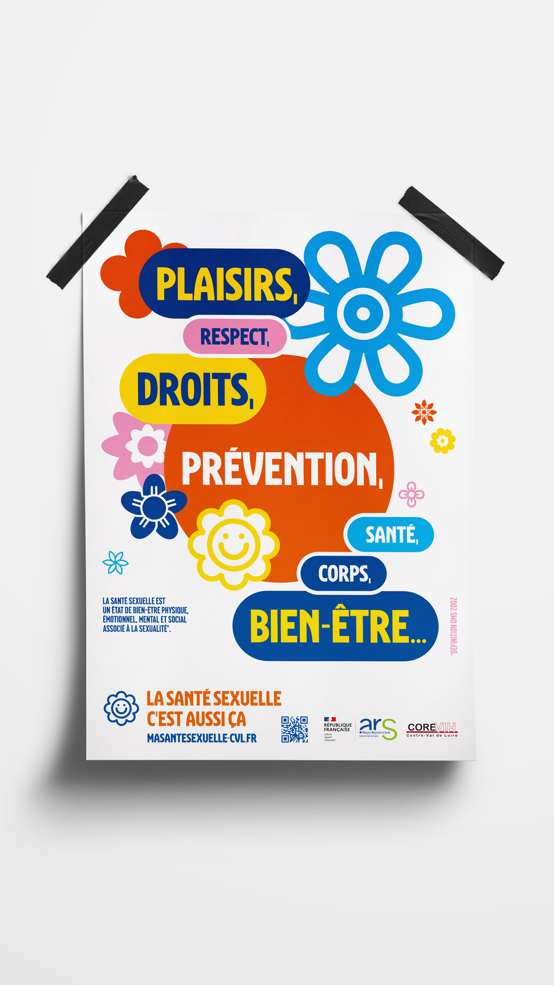 Affiche. Texte : Plaisir, respect, droits, prévention, santé, corps, bien-être