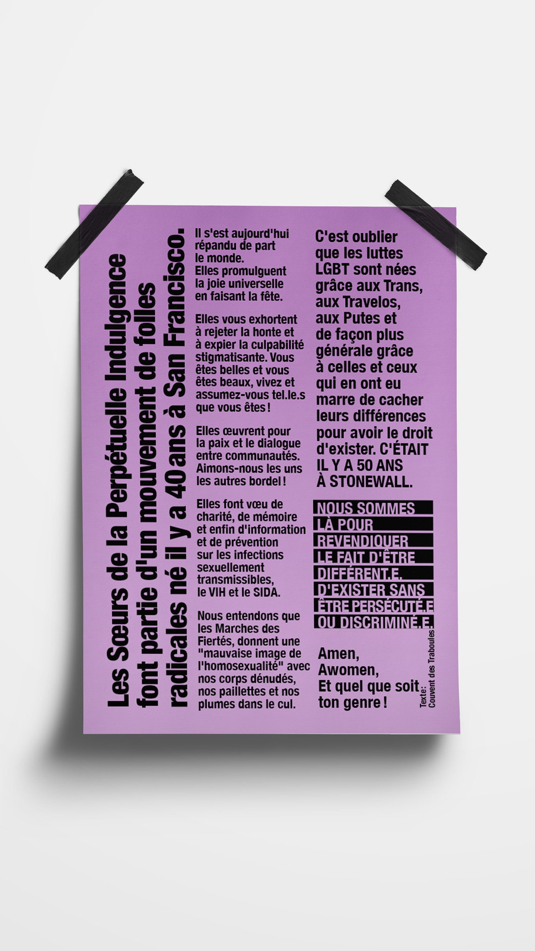 Tract. Texte : Les sœurs de la perpétuelle indulgence